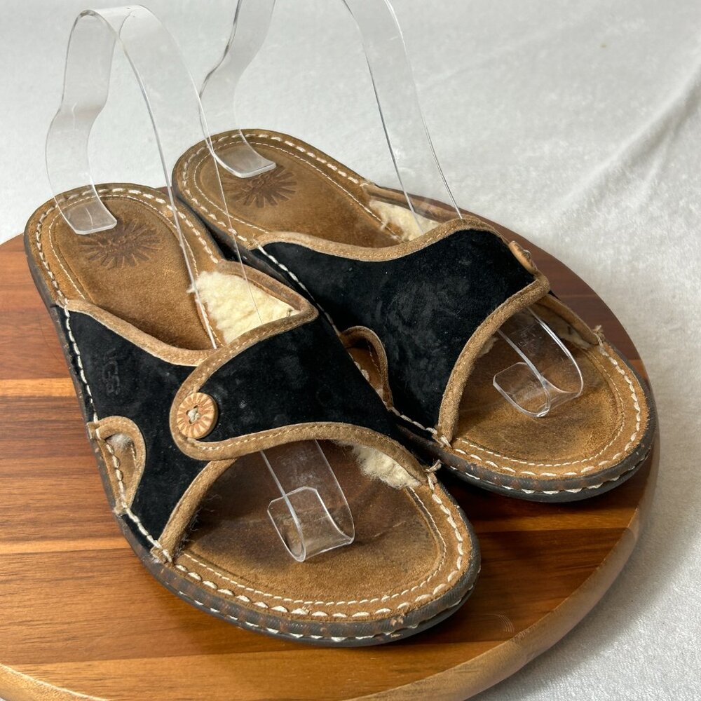Ugg Black Suede Sherpa Slides Open Toe Leather Sa… - image 3